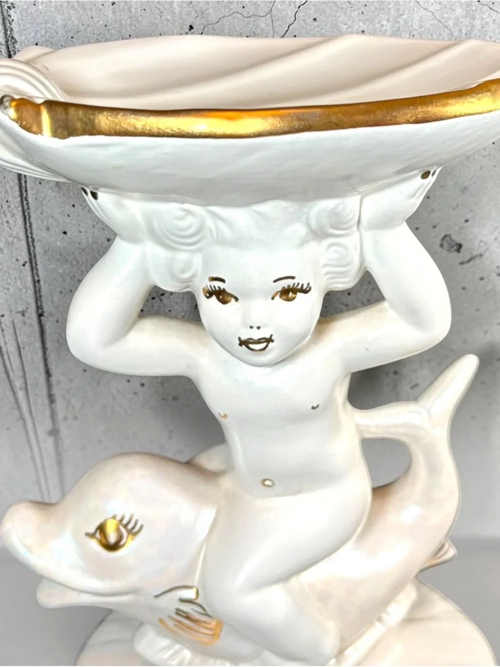 Vintage Holland Mold Ceramic Cherub Riding Dolphin Shell Dish Soap Trinket 8